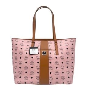 MCM New With Tags Top Zip Shopper Soft Pink Black Logo Coated Canvas/ Le…